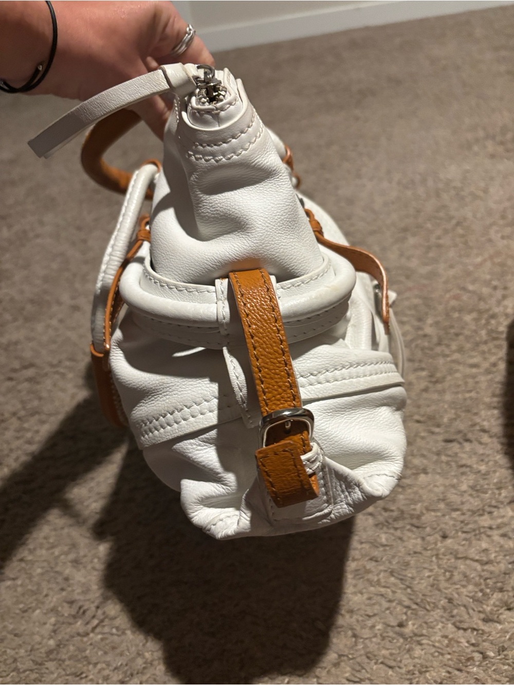 Sondra Roberts White with Tan trim Leather Satchel Handbag. - Picture 6 of 14